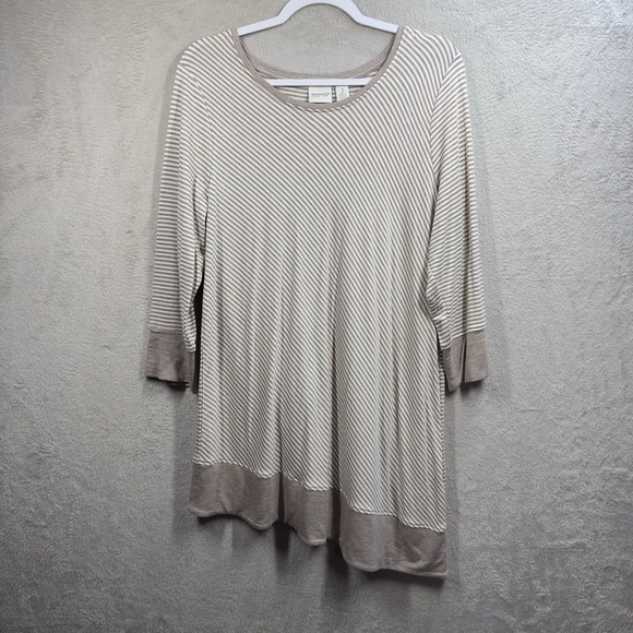ZENERGY by Chico's Striped Tunic Top Women's L (2) Neutral Beige 3/4 Sleeve Soft - Picture 1 of 8